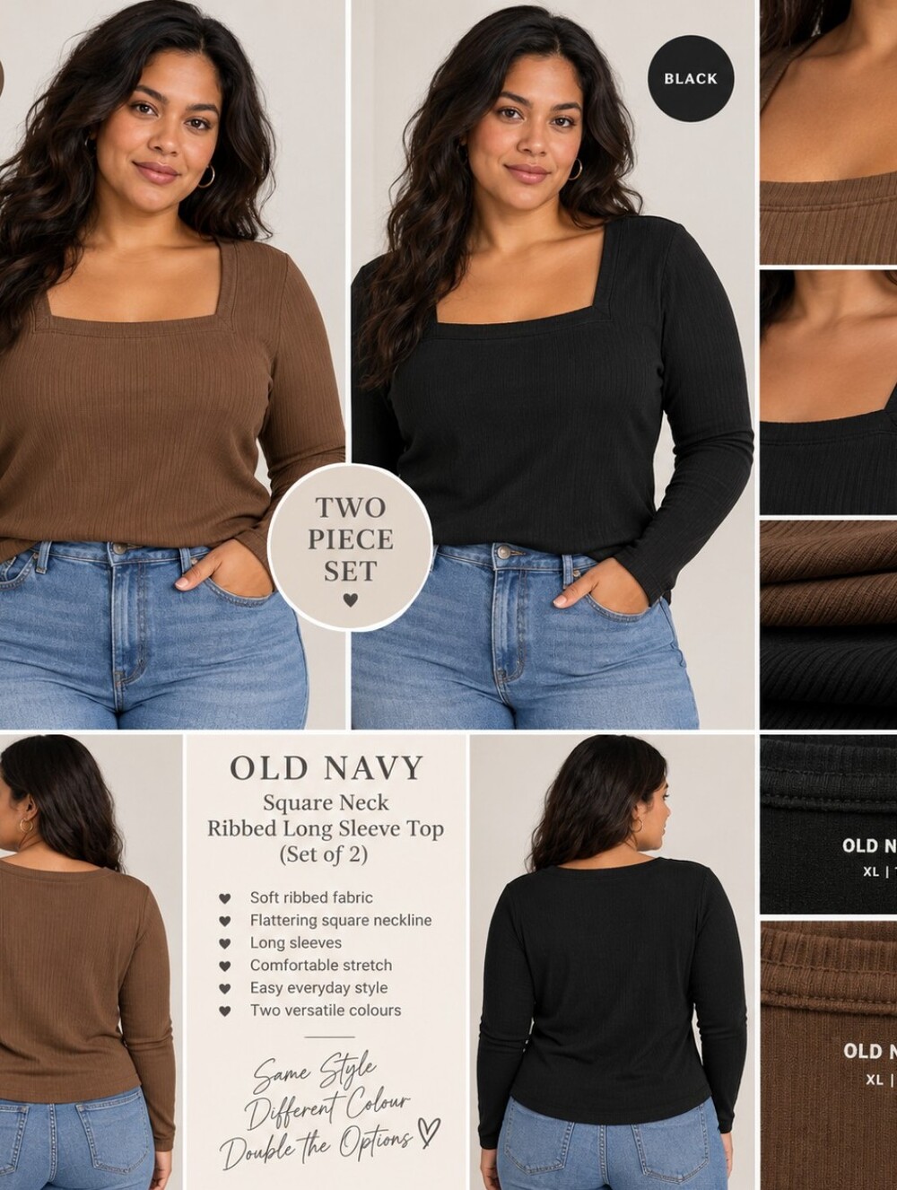 Old Navy Square Neck Ribbed Long Sleeve Tops – Set of 2 – Size XL